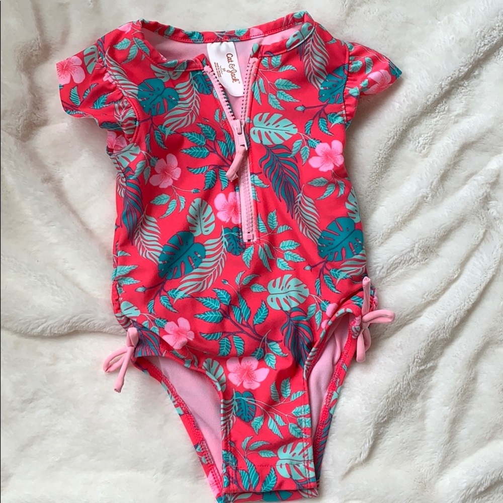 Toddler Girl One Piece Swim Suit with Zip and Snap